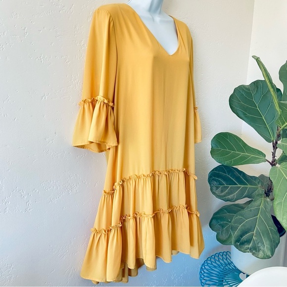 Final Sale!!! KAREN KANE Marigold V-Neck Ruffled High Low Tiered Dress M USA - Picture 2 of 11